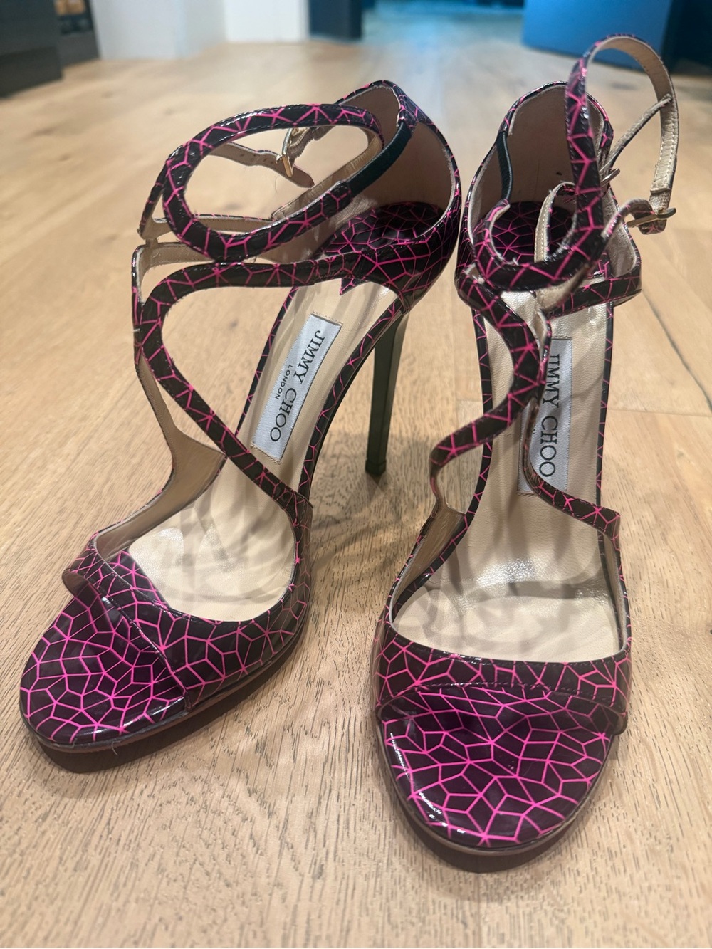 Jimmy Choo Black and Pink Geometric Strappy Stiletto Sandals - Picture 9 of 13